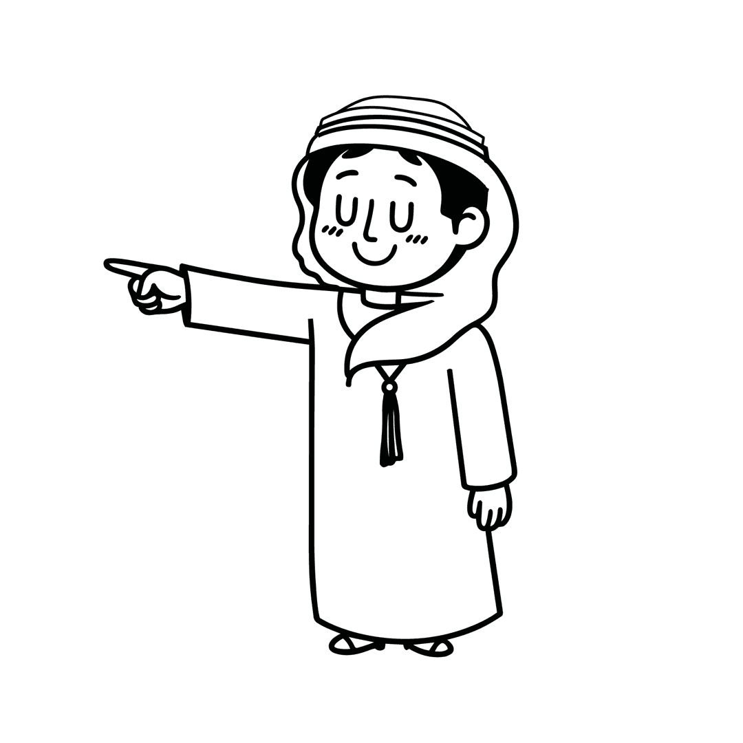 An illustration of a boy in traditional dress, pointing towards the center text.