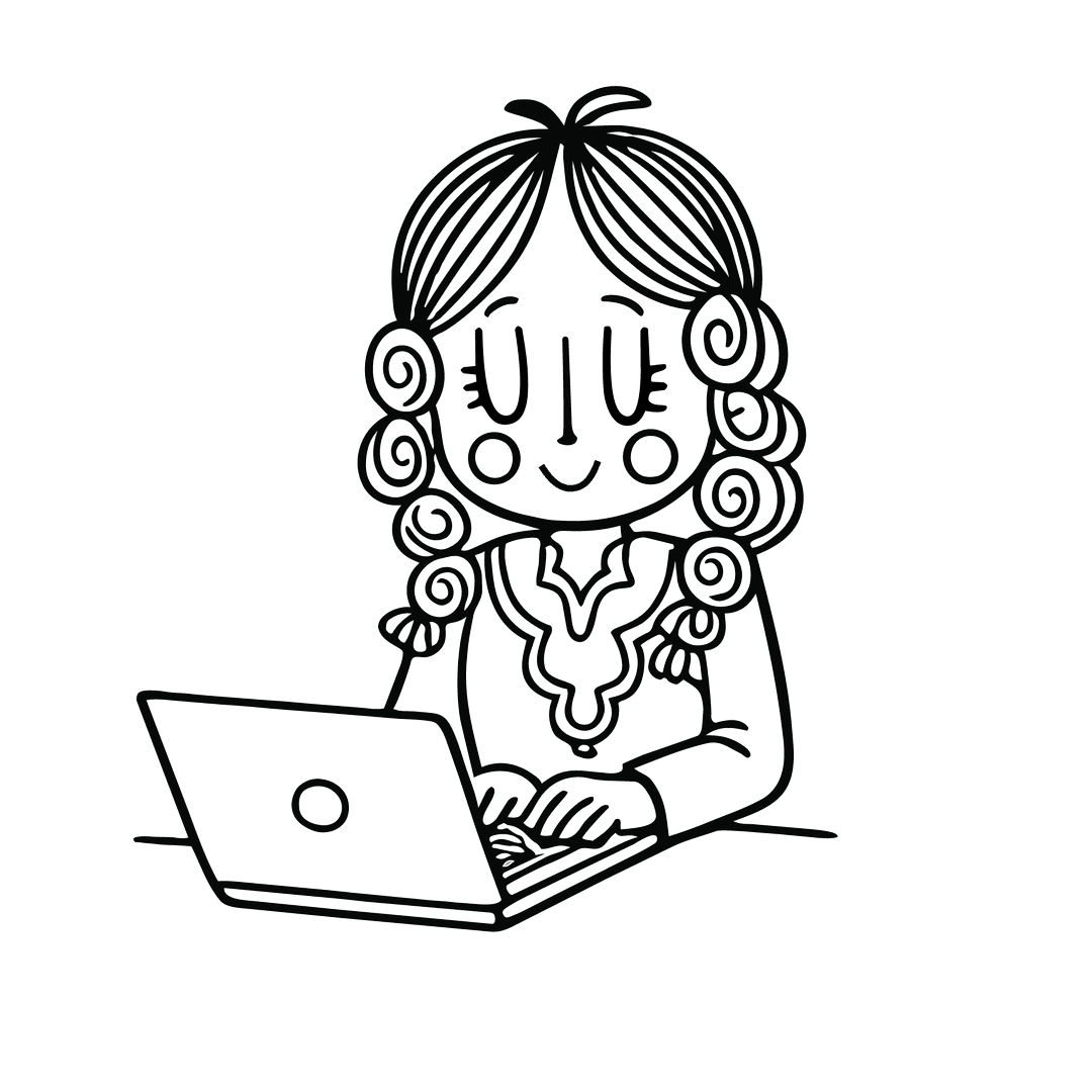 An illustration of a girl using a laptop.