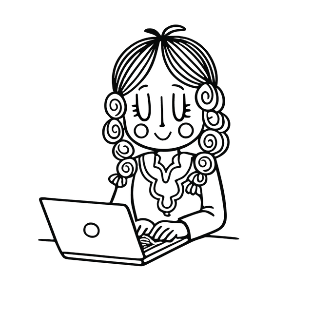 An illustration of a girl using a laptop.