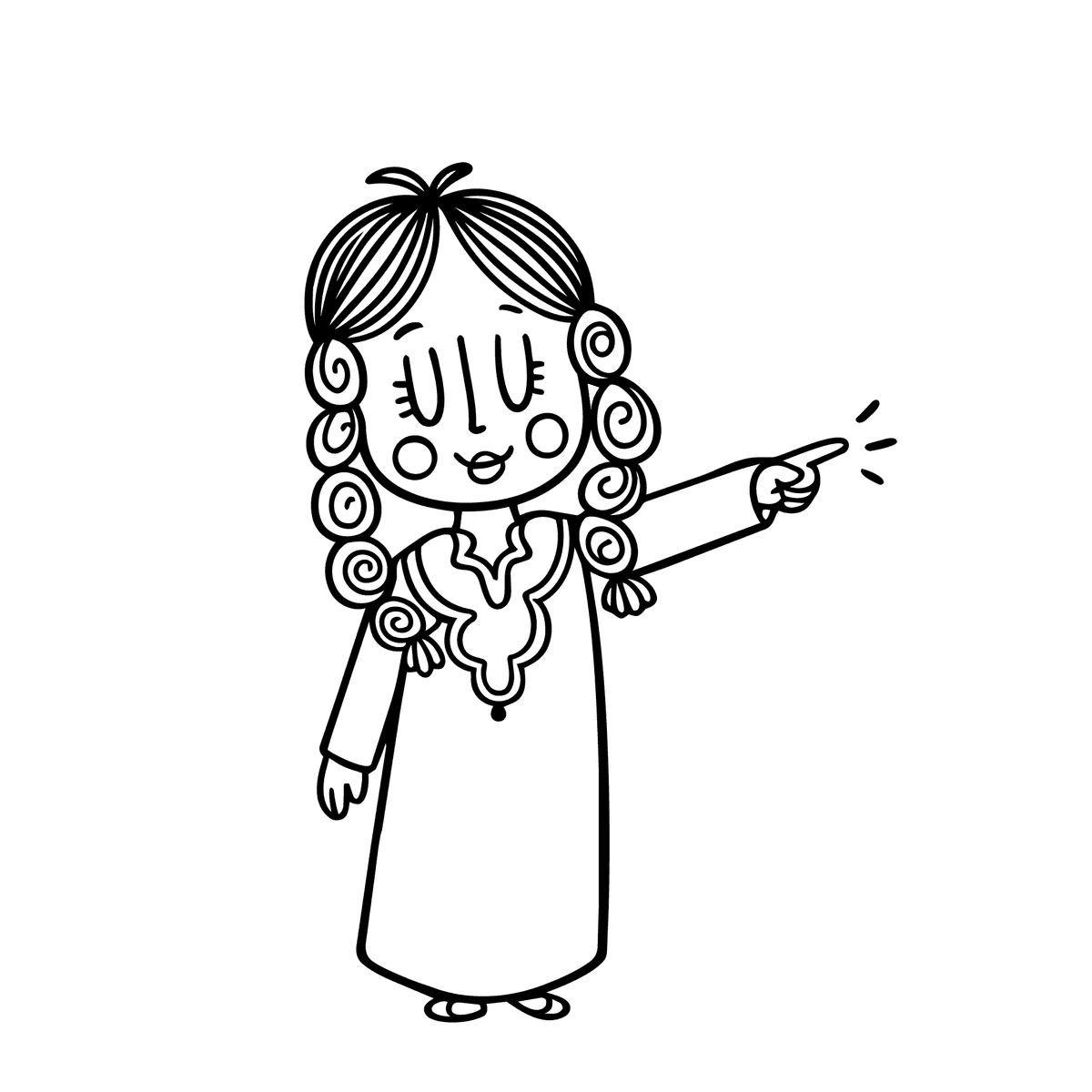 An illustration of a girl in traditional dress, pointing towards the center text.