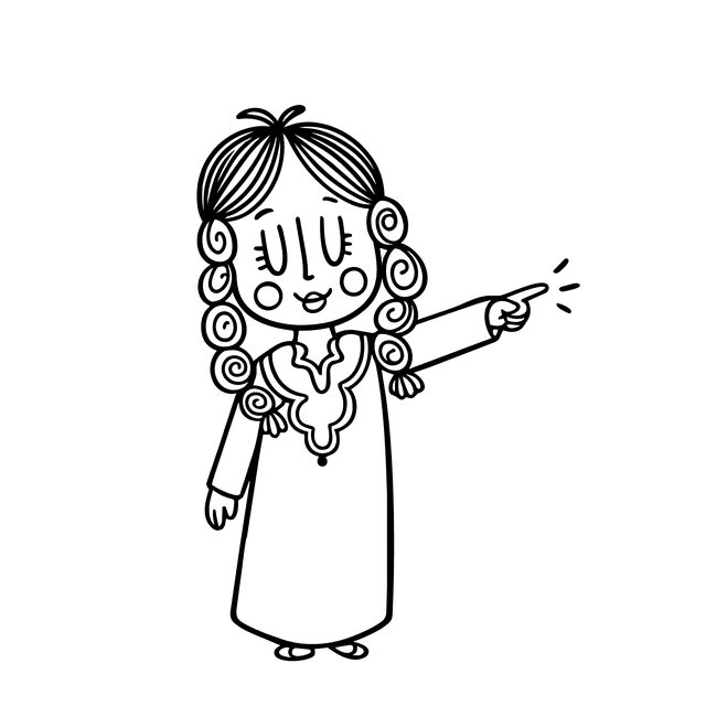 An illustration of a girl in traditional dress, pointing towards the center text.